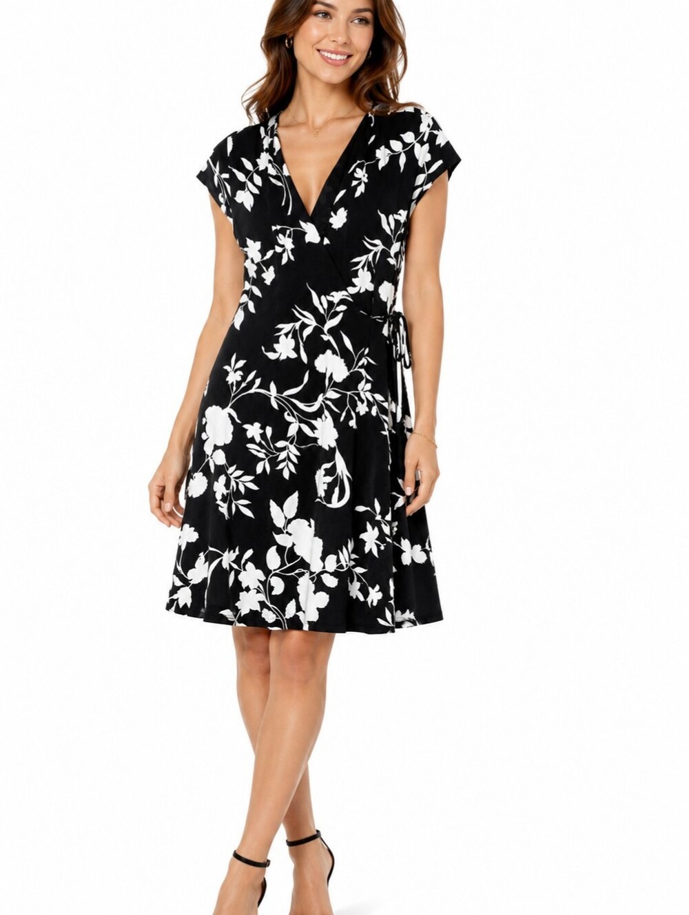 Black and White Floral Wrap Dress